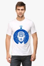 A man in a white Looga AI-Inspired T-Shirt, featuring a blue futuristic face with circuit designs, stands against a plain backdrop. His hands are in his pockets, radiating an effortless vibe.