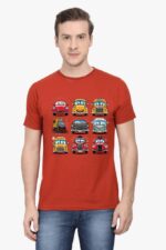 Sporting a Cartoon Cars T-shirt by Looga, featuring a vibrant 3x4 grid of colorful cars with playful expressions, paired with blue jeans for a fun-loving vibe.