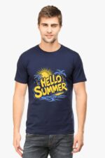 A man with short hair wears a navy Looga Classic Summer T-Shirt featuring a yellow sun, palm trees, and HELLO SUMMER in bold letters. Against the plain white backdrop, his look captures the carefree allure of Looga fashion.