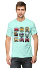 A person with short hair stands against a white background, wearing a light blue Looga Cartoon Cars T-shirt featuring cars, trucks, and buses in a grid pattern, exuding a playful vibe.
