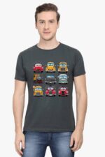 A person with short brown hair stands against a plain white background, wearing a gray Cartoon Cars T-shirt featuring playful vehicle patterns by Looga.