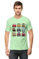 A man is wearing Loogas light green Cartoon Cars t-shirt, featuring a vibrant print of cartoon cars in three rows, against a white background. His short hair complements his laid-back, playful style.