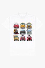The Mens Round Neck Half Sleeve T-Shirt by Looga features a white design with nine cartoon vehicles—cars, a train, and a bus—all with expressive faces in a 3x3 grid, perfect for fans of playful art.