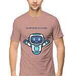 A person wearing a unisex t-shirt in a muted pink color. The t-shirt features a graphic print of a blue robot with the text “BEYOND FUTURE”