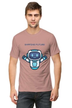 A person wearing a unisex t-shirt in a muted pink color. The t-shirt features a graphic print of a blue robot with the text “BEYOND FUTURE”