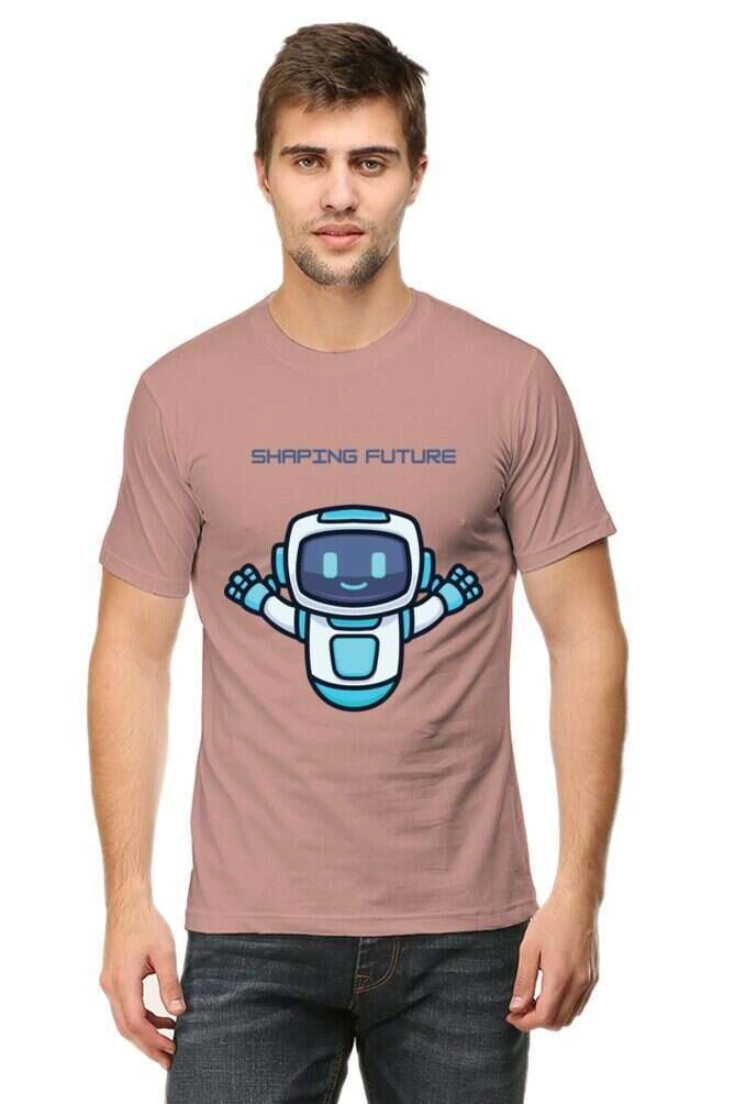 A person wearing a unisex t-shirt in a muted pink color. The t-shirt features a graphic print of a blue robot with the text “BEYOND FUTURE”