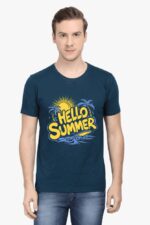 A person in a navy Classic Summer T-Shirt with yellow Hello Summer, sun, and palm trees design by Looga, paired with blue jeans against a white background.