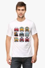 A man in the Cartoon Cars T-shirt by Looga, featuring vibrant cartoon cars, stands against a plain background. With short hair and a neutral expression, he pairs this playful shirt with classic jeans.