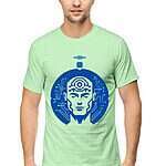 A South Asian model with short hair, wearing a comfortable unisex round neck AI-Inspired T-Shirt in a neutral color