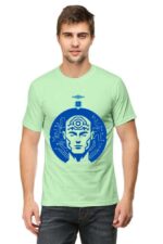 A South Asian model with short hair, wearing a comfortable unisex round neck AI-Inspired T-Shirt in a neutral color