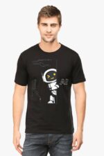 A person with short hair stands against a plain white background, wearing the AI Design T-Shirt for Men and Women by Looga, featuring a charming robot graphic and the letters AI.