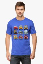 A man in a Cartoon Cars T-shirt for men and women by Looga, featuring cartoon cars with expressive faces, stands against a plain white background, paired with casual jeans.