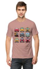 A man in a Looga Cartoon Cars T-shirt, featuring nine colorful cars with unique expressions in a grid design, stands against a plain white background.