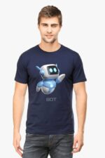 A man is wearing a 100% cotton navy blue round neck tee with half sleeves, showcasing an AI-designed cartoon robot similar to Looga and the word BOT beneath, against a plain light gray background.