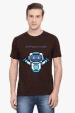 Against a plain backdrop, someone models a Looga unisex round neck half-sleeve t-shirt featuring an AI-inspired robot design with SHAPING FUTURE, capturing Loogas forward-thinking essence.