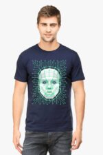 A man stands against a plain white background, wearing a Looga unisex round neck half sleeve navy blue T-shirt with a futuristic digital face and circuit pattern, reminiscent of an AI-inspired design.