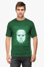A person in a green Looga unisex round neck t-shirt, showcasing an AI-inspired geometric face design with circuit-like lines, has short hair and stands against a plain white background.