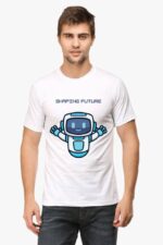 A person in a white Looga round neck t-shirt with half sleeves, showcasing an AI-inspired cartoon robot design and the phrase Shaping Future, stands against a plain white background.