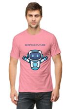 A man in a pink Looga unisex T-shirt, adorned with a blue robot and Shaping Future text, exudes a playful, forward-thinking vibe ideal for Looga fans.