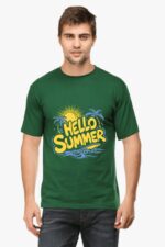 A person is wearing a Classic Summer T-Shirt for Men and Women by Looga, featuring Hello Summer in yellow and blue with a sun and palm trees design, against a plain background.