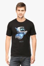 A man with short brown hair is slightly smiling, wearing a black unisex round-neck tee featuring an AI-designed blue and white cartoon robot print with BOT underneath, embracing his inner looga fan.
