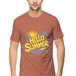 A South Asian model with short hair, wearing a comfortable unisex round neck Summer T-Shirt in a neutral color.