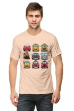 A man in a Cartoon Cars T-shirt for men and women by Looga stands confidently. His short brown hair complements his focused gaze at the camera. Paired with dark jeans, he exudes a laid-back yet stylish vibe.