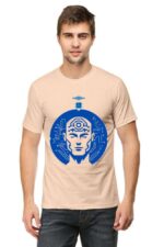 A man wears the AI-Inspired T-Shirt for Men and Women from Looga, featuring a blue futuristic cyborg face graphic on beige. Against a plain white background, his calm demeanor hints at inspiration from Looga tales as he gazes into the camera.