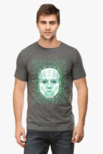 A man stands against a plain white background in a gray unisex round neck half sleeve t-shirt featuring an AI-inspired design with green circuit lines, perfectly embodying Loogas futuristic style.