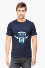A man models a navy blue, half-sleeve round neck T-shirt, featuring a cute AI-inspired robot with raised arms and Shaping Future text. This unique Looga design stands out against a plain white background.
