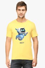 A man in a 100% cotton half sleeve yellow t-shirt featuring an AI-designed robot graphic and the word BOT is against a plain looga-inspired white background.