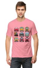 A person wears a Cartoon Cars T-shirt from Looga, featuring a vibrant grid of smiling cartoon cars. Their short brown hair enhances the cheerful design. They pose against a crisp white background, embodying joy and style.