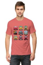 A man wearing a Looga Cartoon Cars T-shirt, featuring nine expressive cartoon cars in various colors, stands against a plain white background.
