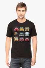 A man models the Cartoon Cars T-shirt for men and women featuring a 3x3 grid of joyful cartoon cars and trucks with smiles. Each vehicle is uniquely designed in red, yellow, or blue in the whimsical Looga style against a plain white background.