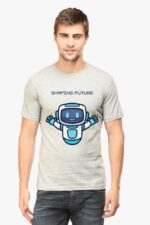 A man wears a gray, round neck Looga T-shirt with half sleeves, showcasing an AI-inspired robot graphic and the phrase Shaping Future, ideal for those embodying relaxed style.