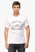 A man wearing the Thar Lovers T-Shirt featuring Born to Ride and Four Wheels Move Your Soul around a car sketch stands confidently against a plain background, his short brown hair enhancing his laid-back Looga-loving style.