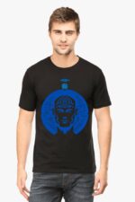 A man stands against a plain white background, wearing an AI-Inspired T-Shirt by Looga. This black tee features a blue graphic design with a futuristic human face and circuit patterns, epitomizing ultimate comfort and style for both men and women.