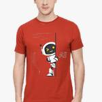 A South Asian model with medium-length hair, wearing a comfortable unisex t-shirt in a neutral color with a captivating AI-inspired graphic printed on the front.