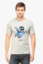 A man in a gray unisex round neck tee features a cute blue and white robot design with BOT below, offering a touch of looga style. Made from 100% cotton, this AI-designed T-shirt includes half sleeves.