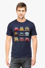 A man wears a navy Cartoon Cars T-shirt featuring colorful cartoon vehicles like cars and trucks on a plain white background, creating a playful Looga vibe.