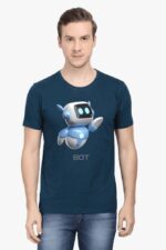 A man stands against a white background in a navy blue unisex round neck t-shirt featuring an AI-designed cute robot graphic and the word BOT. He pairs it with blue jeans, his short hair neatly styled, exuding a laid-back demeanor akin to that of a modern looga character.
