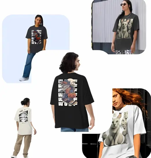 A collage of five images showcasing a t-shirt with a graphic print, worn by different models in various poses