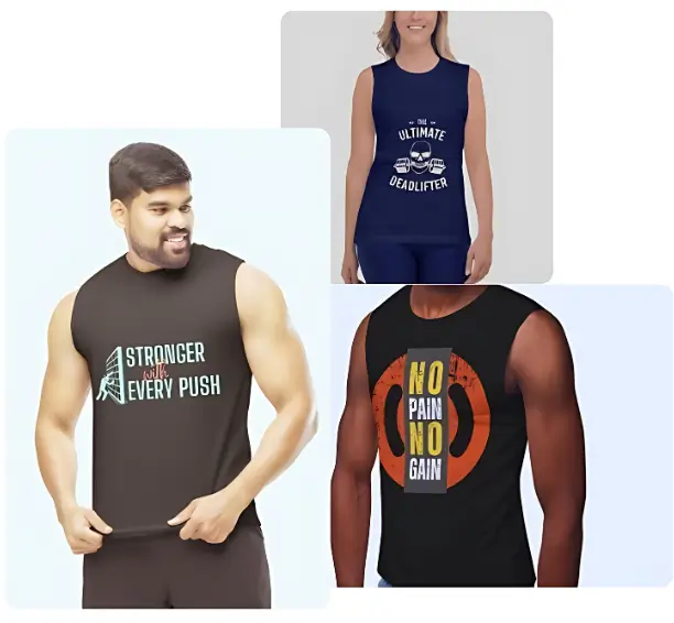 A collage of three individuals modeling different workout tank tops with motivational slogans