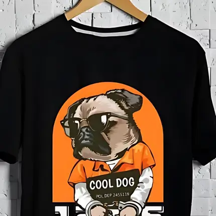 A black pet lovers t-shirt with a graphic of a pug in sunglasses and an orange jacket, with ‘COOL DOG’ text above, displayed against a brick wall.