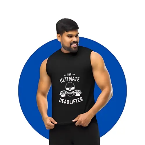 Muscular individual showcasing a black gym vest with ‘The Ultimate Deadlifter’ print, ideal for workout enthusiasts