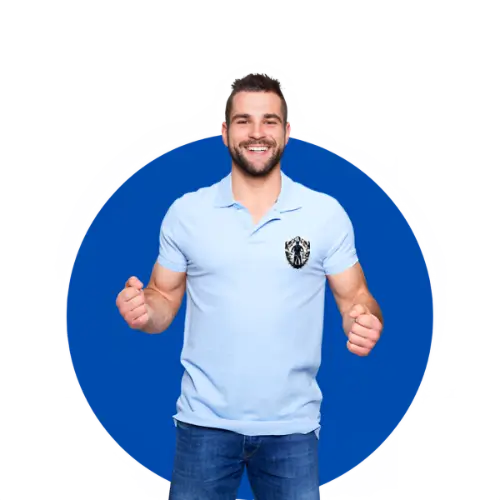 Man in light blue polo t-shirt with embroidered crest against blue background