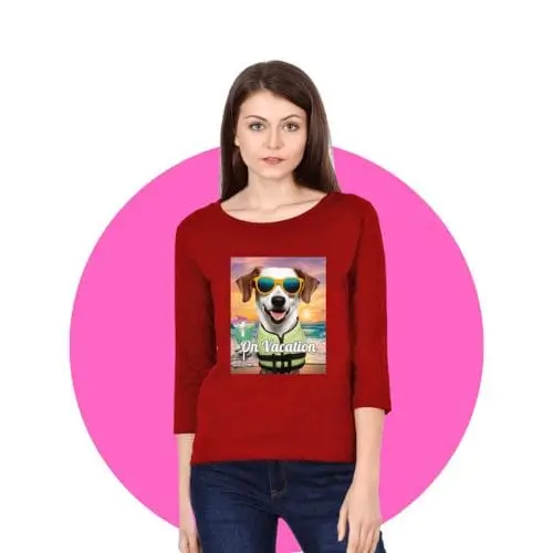 Woman in red long-sleeve t-shirt with tropical beach design and ‘On Vacation’ text against pink background” Short Title: “Tropical Beach Vacation Tee