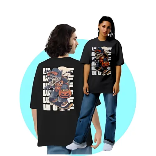 Two models in unisex oversized t-shirts with bold graphic print against teal backdrop