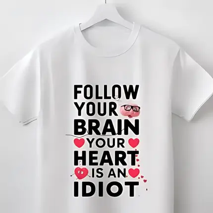 White t-shirt with the awesome quote ‘FOLLOW YOUR BRAIN YOUR HEART IS AN IDIOT’ in black and pink, plus graphics of a brain and heart.