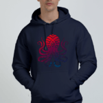 a person is wearing navy blue oversized hooded sweatshirt with a colorful graphic design on the front.